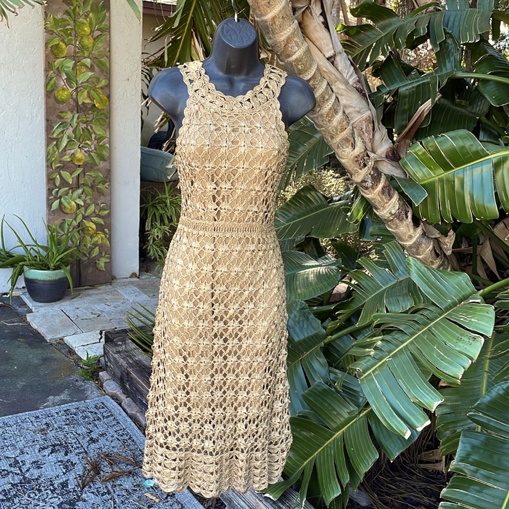 metallic gold, crochet lace dress